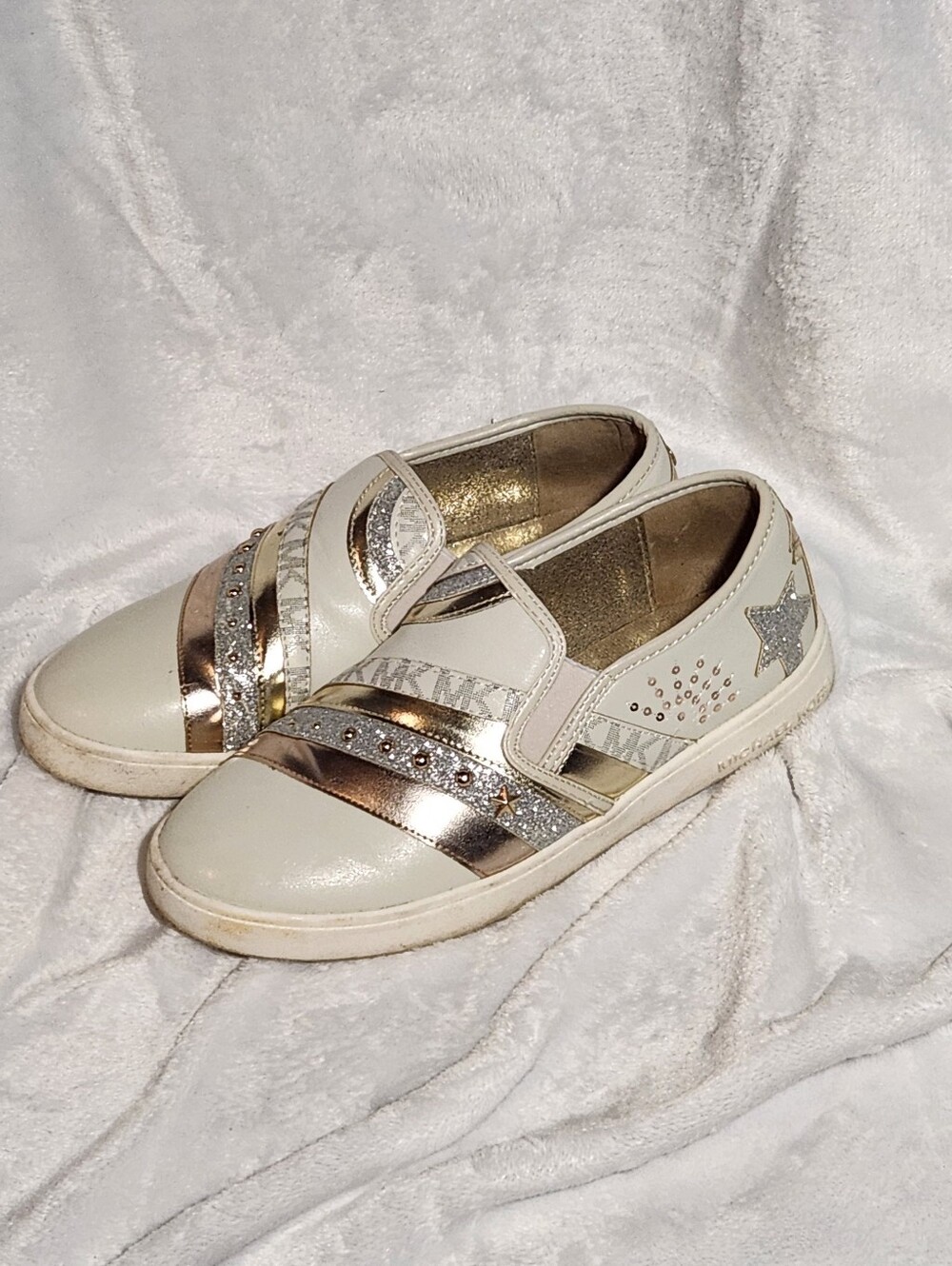 Michael Kors Girls White Slip-On Sneakers with Rose Gold & Silver Accents